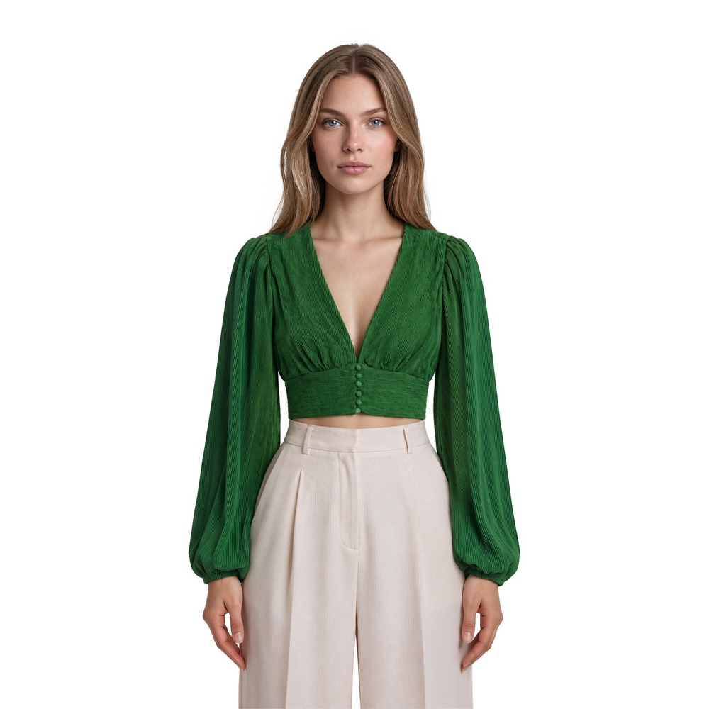 Princess Polly Green Plisse Crop Top Women's Size 6 V Neck Puff Sleeve Blouse